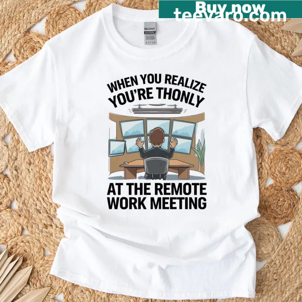 Cartoon T-shirt featuring an office worker with multiple monitors.