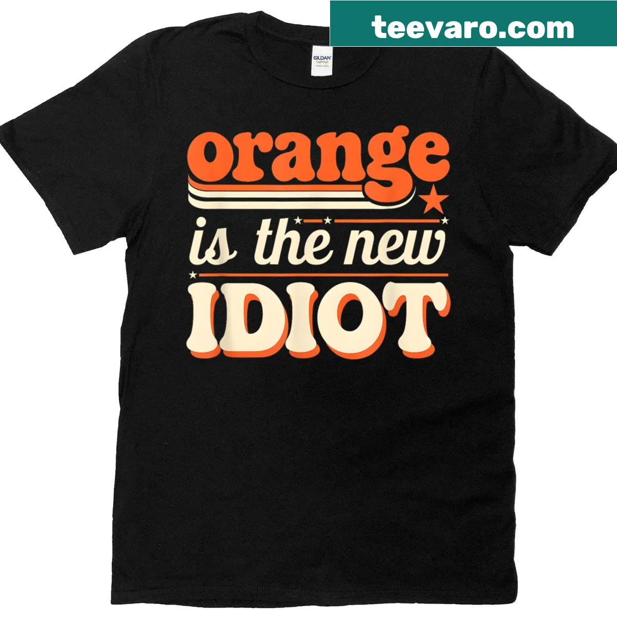 Funny political t-shirt with the phrase 'Orange Is The New Idiot' — on a men's t-shirt