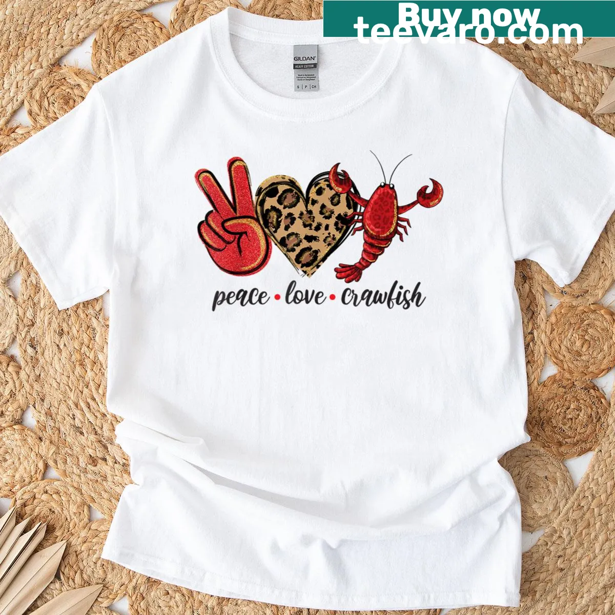 Crawfish boil-themed t-shirt with leopard print and text design — on a men's t-shirt