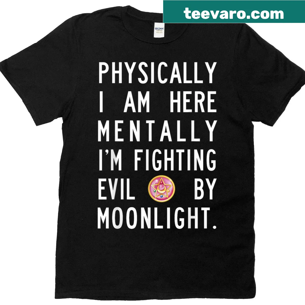 Funny T-shirt with 'Physically I Am Here' text and moonlight theme — on a men's t-shirt