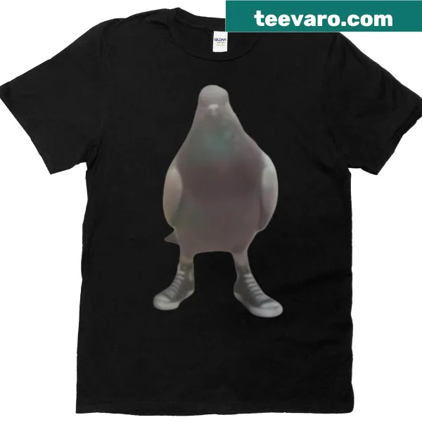 Cartoon-style pigeon graphic on an oversized T-shirt.