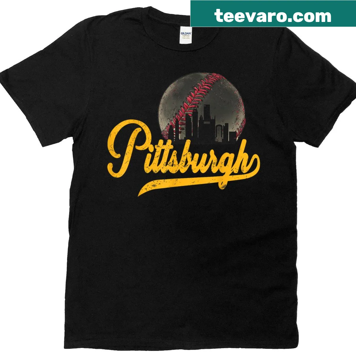 Vintage-style tee featuring the skyline of Pittsburgh in a nostalgic design. — on a men's t-shirt