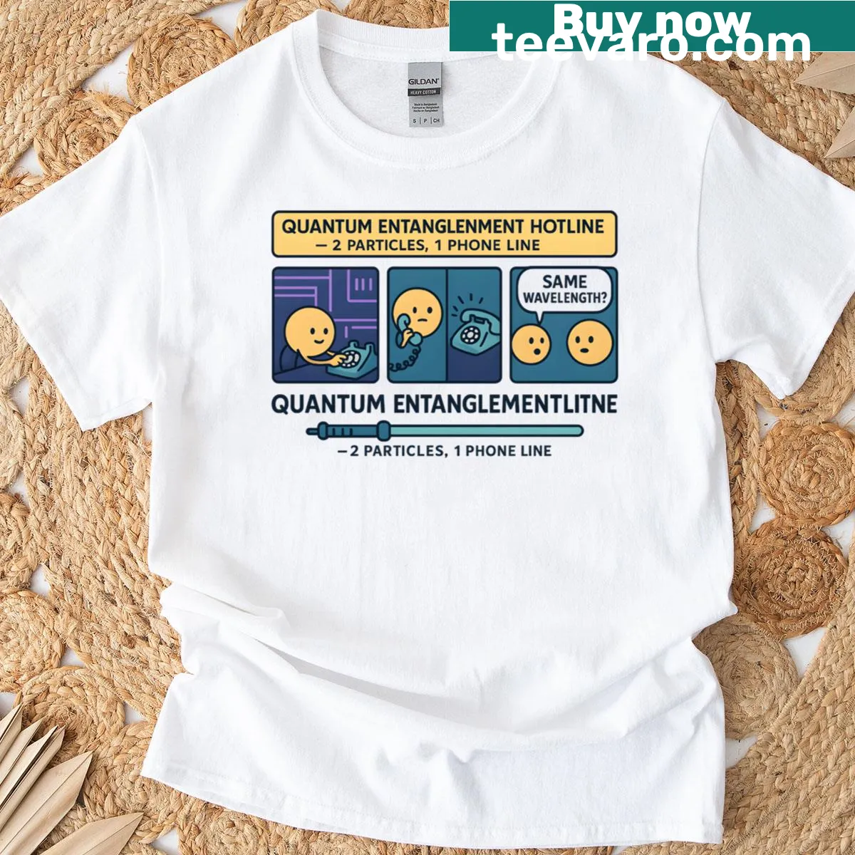 Funny physics comic graphic T-shirt about quantum entanglement — on a men's t-shirt