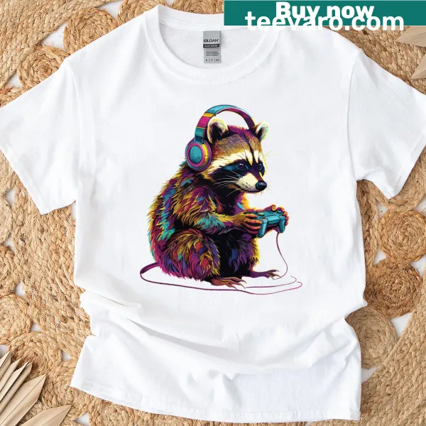 Funny T-shirt featuring a cartoon raccoon and video games
