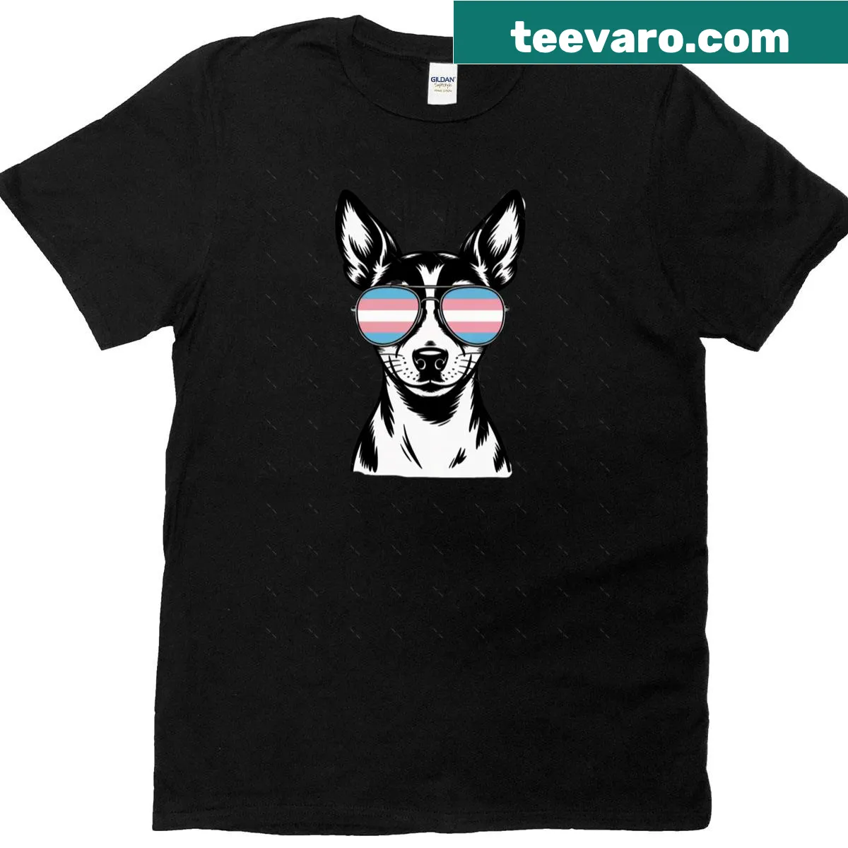 Illustration of a Rat Terrier in Trans Pride-themed sunglasses. — on a men's t-shirt