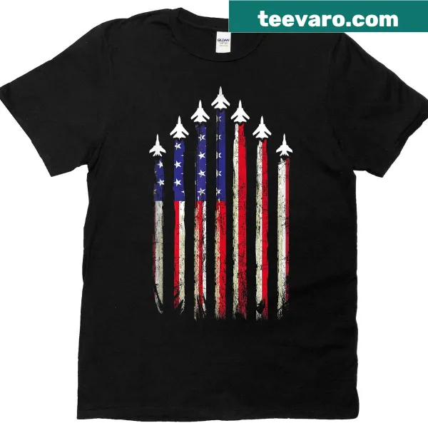 T-shirt featuring fighter jets and USA flag in vintage style