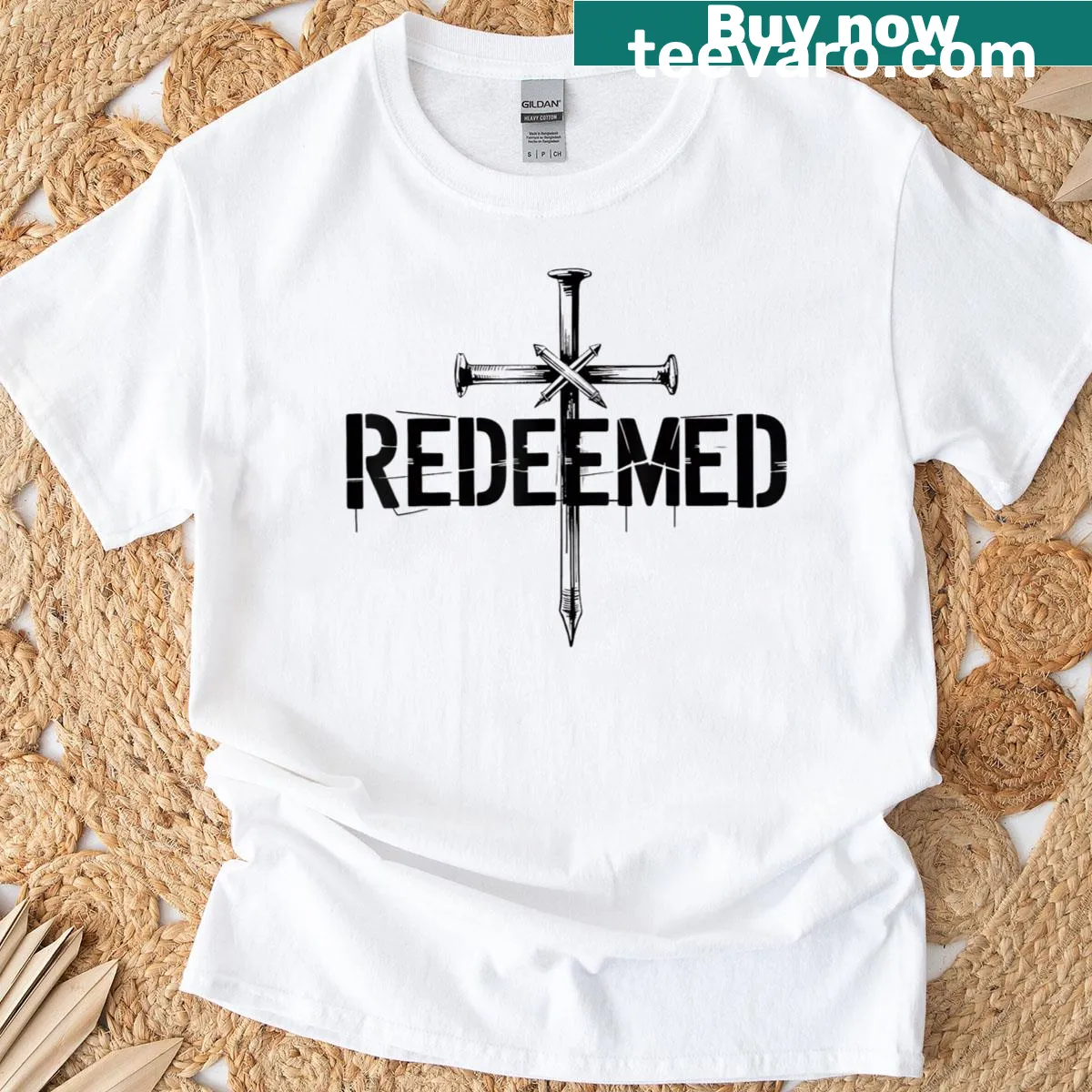 Retro Christian t-shirt with a cross and nails graphic — on a men's t-shirt