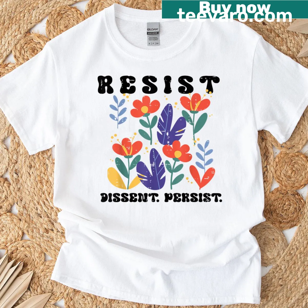 Floral protest t-shirt with message of justice and resilience — on a men's t-shirt