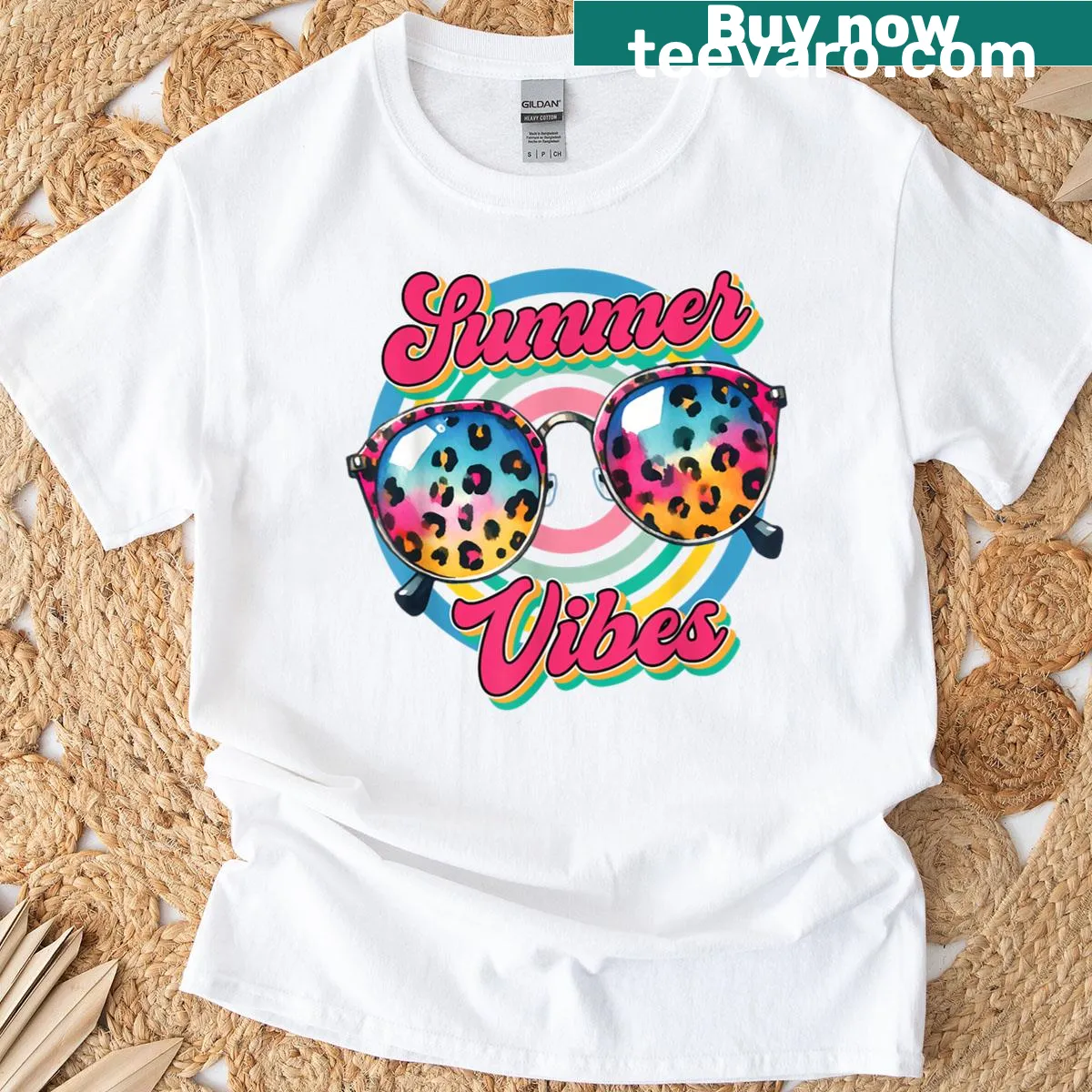 Retro summer vibe T-shirt with leopard sunglasses design — on a men's t-shirt