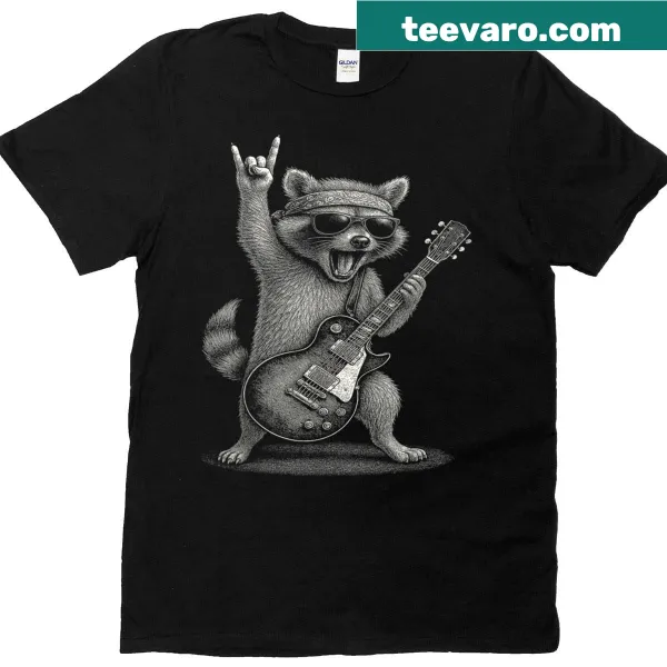 Funny raccoon t-shirt with a rock music theme and illustration
