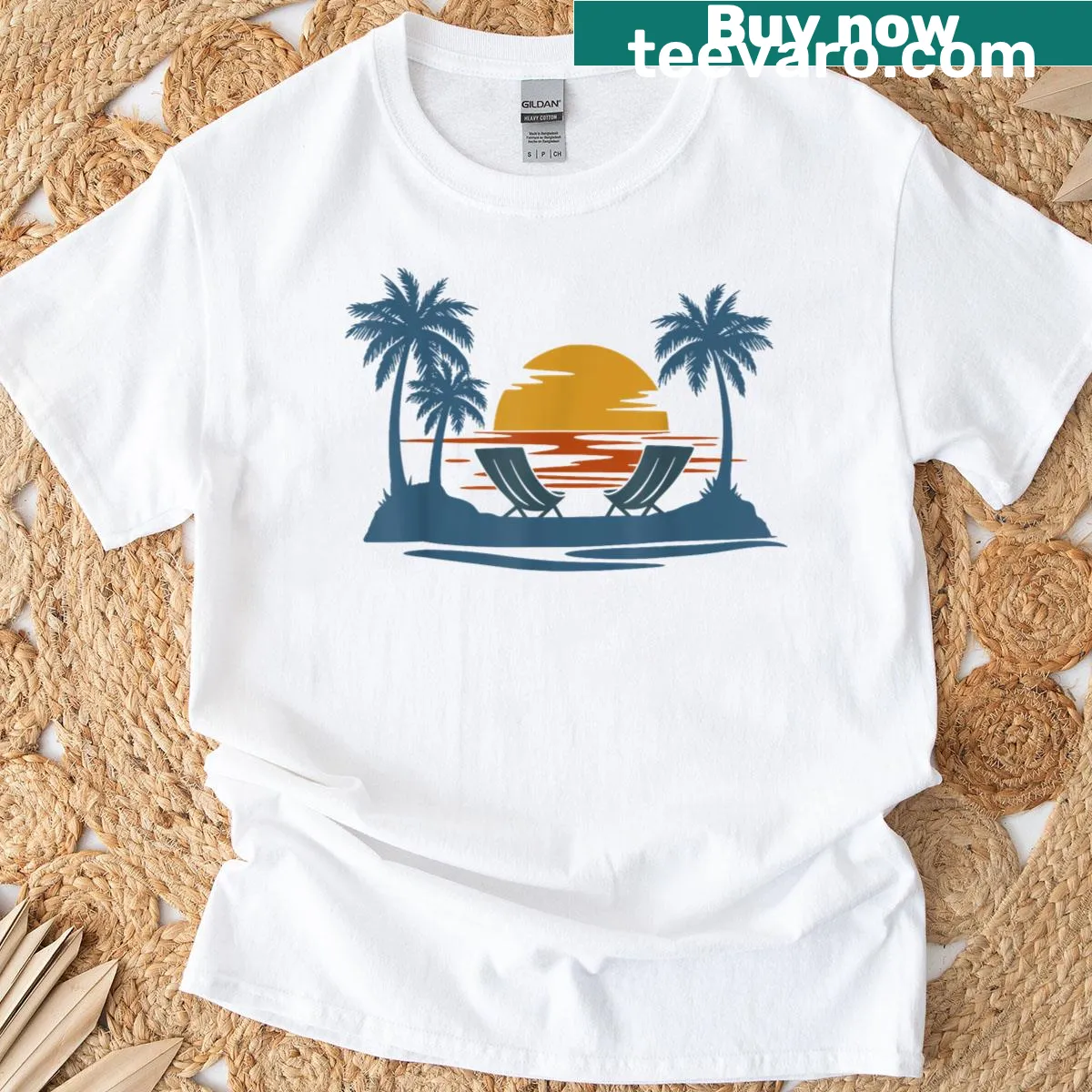 Retro T-shirt featuring palm trees and a sunset design — on a men's t-shirt