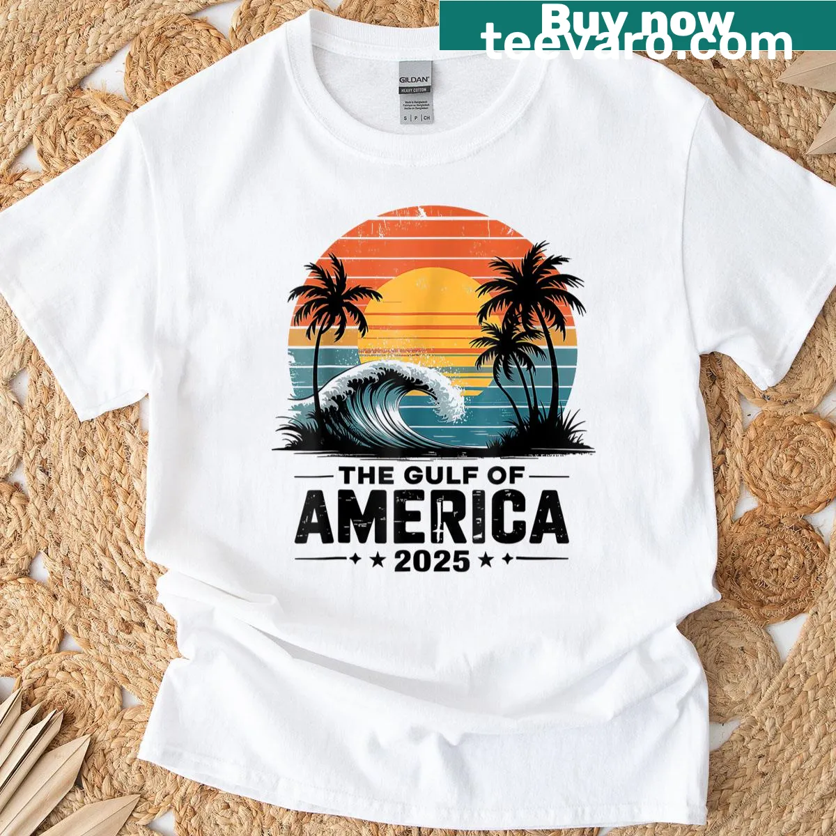 Retro American flag and Gulf graphic t-shirt — on a men's t-shirt