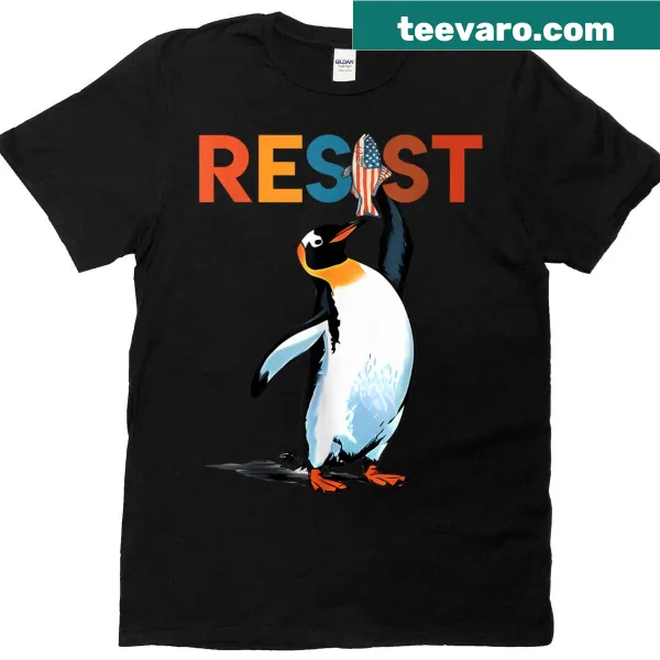 Retro graphic of a penguin with an activism message on a T-shirt.