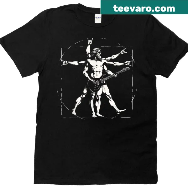 Vitruvian Man holding a guitar in a humorous graphic design
