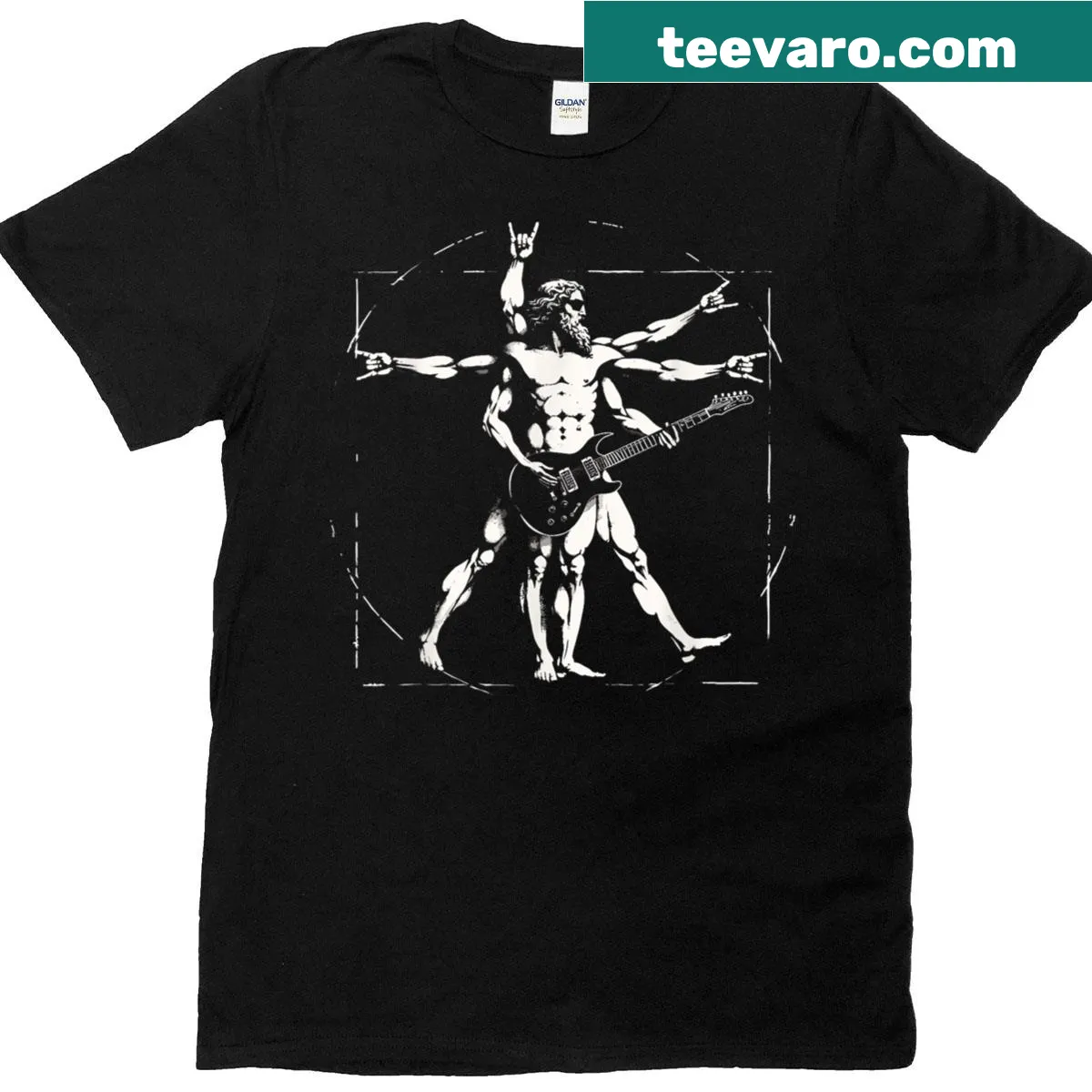 Vitruvian Man holding a guitar in a humorous graphic design — on a men's t-shirt
