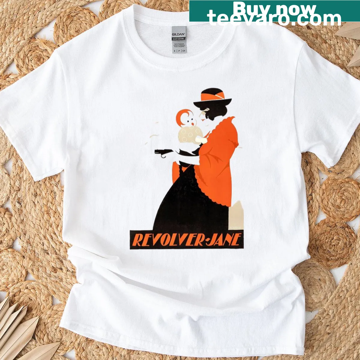 Artistic graphic of Revolver Jane in a silent film style — on a men's t-shirt