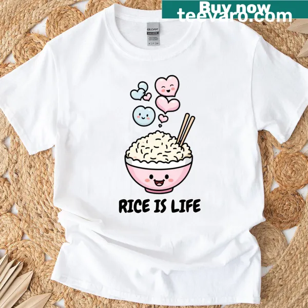 Kawaii cartoon rice bowl with a smile, celebrating rice as life