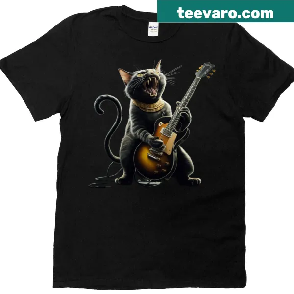 Funny cat playing guitar T-shirt with humorous illustration