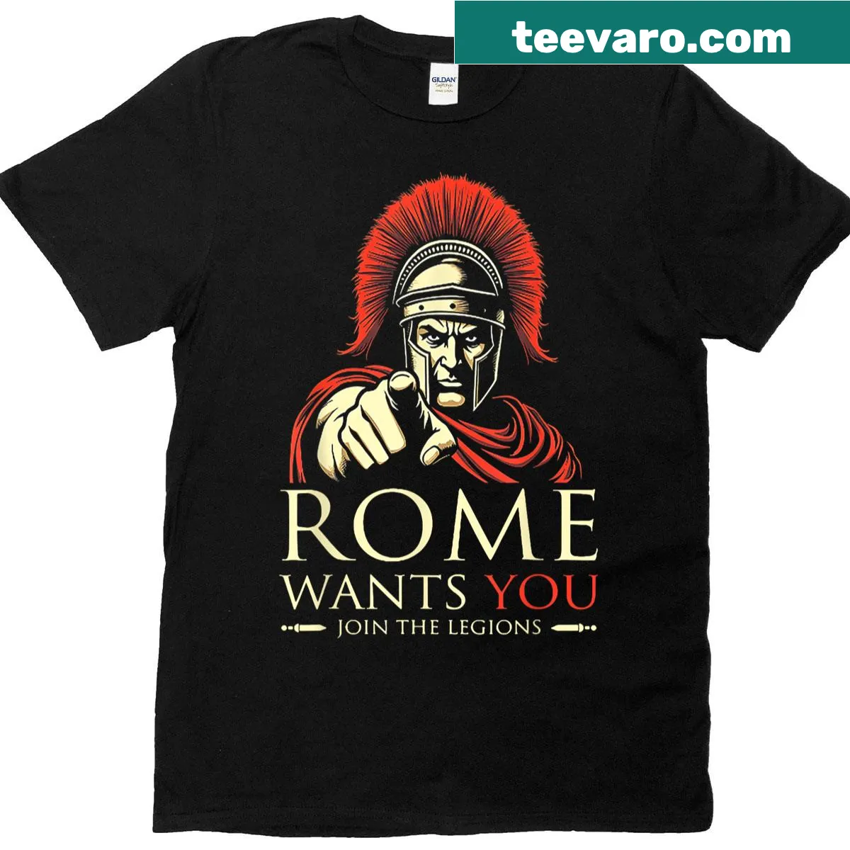 Vintage-style T-shirt with a graphic promoting joining the Roman legions — on a men's t-shirt