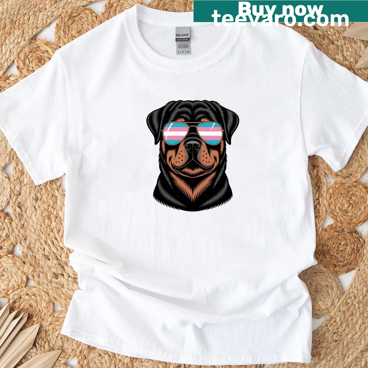 Rottweiler dog in pride-themed sunglasses graphic — on a men's t-shirt