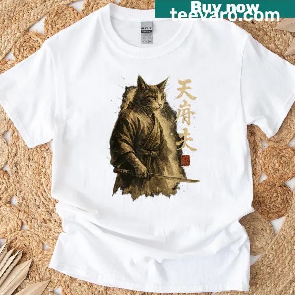 Cat dressed as a samurai in vintage Ukiyo-e style illustration