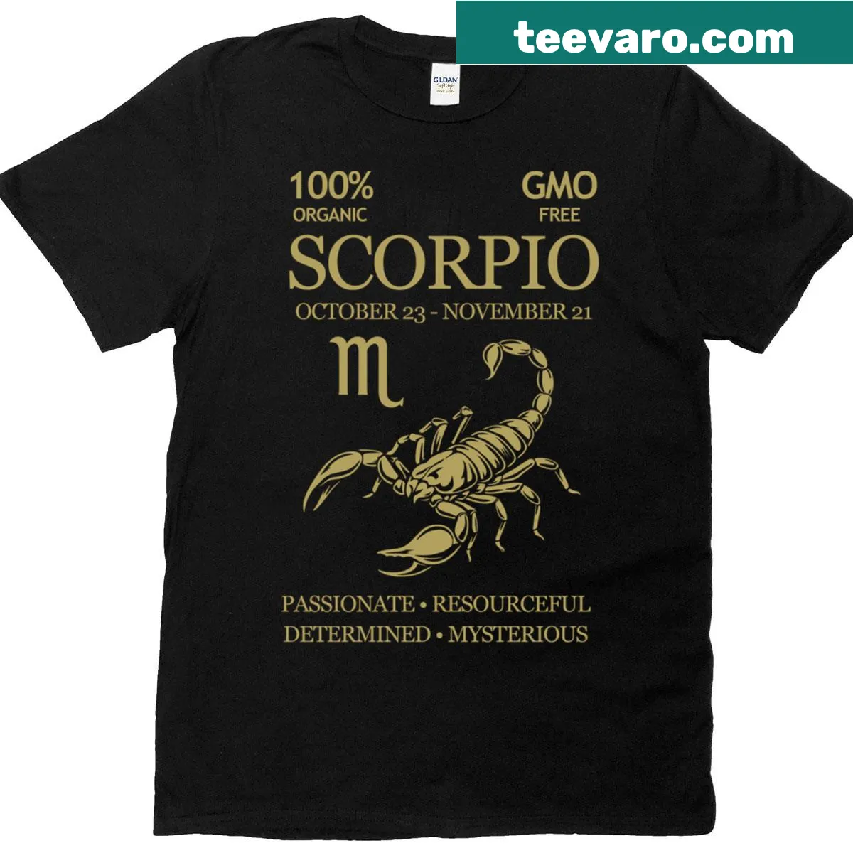 Funny Scorpio zodiac t-shirt with humorous horoscope text — on a men's t-shirt