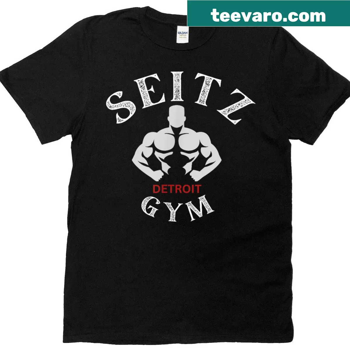 Vintage-style Seitz Gym T-shirt with retro graphics — on a men's t-shirt