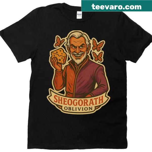 T-shirt featuring Sheogorath from Elder Scrolls with whimsical design