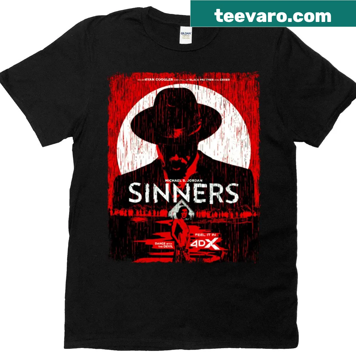 Sinners 2025 t-shirt featuring bold text in a playful design — on a men's t-shirt