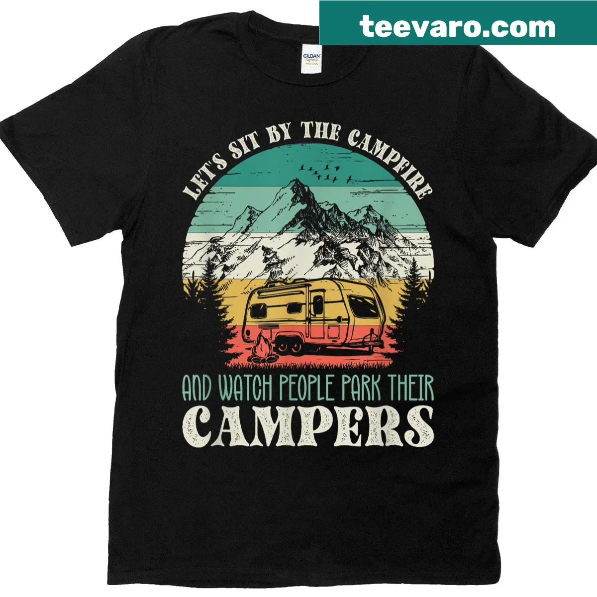 Vintage camping T-shirt with campfire and camper graphics — on a men's t-shirt