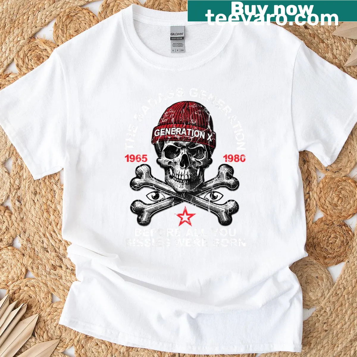 Humorous skeleton graphic T-shirt with text about past generations — on a men's t-shirt