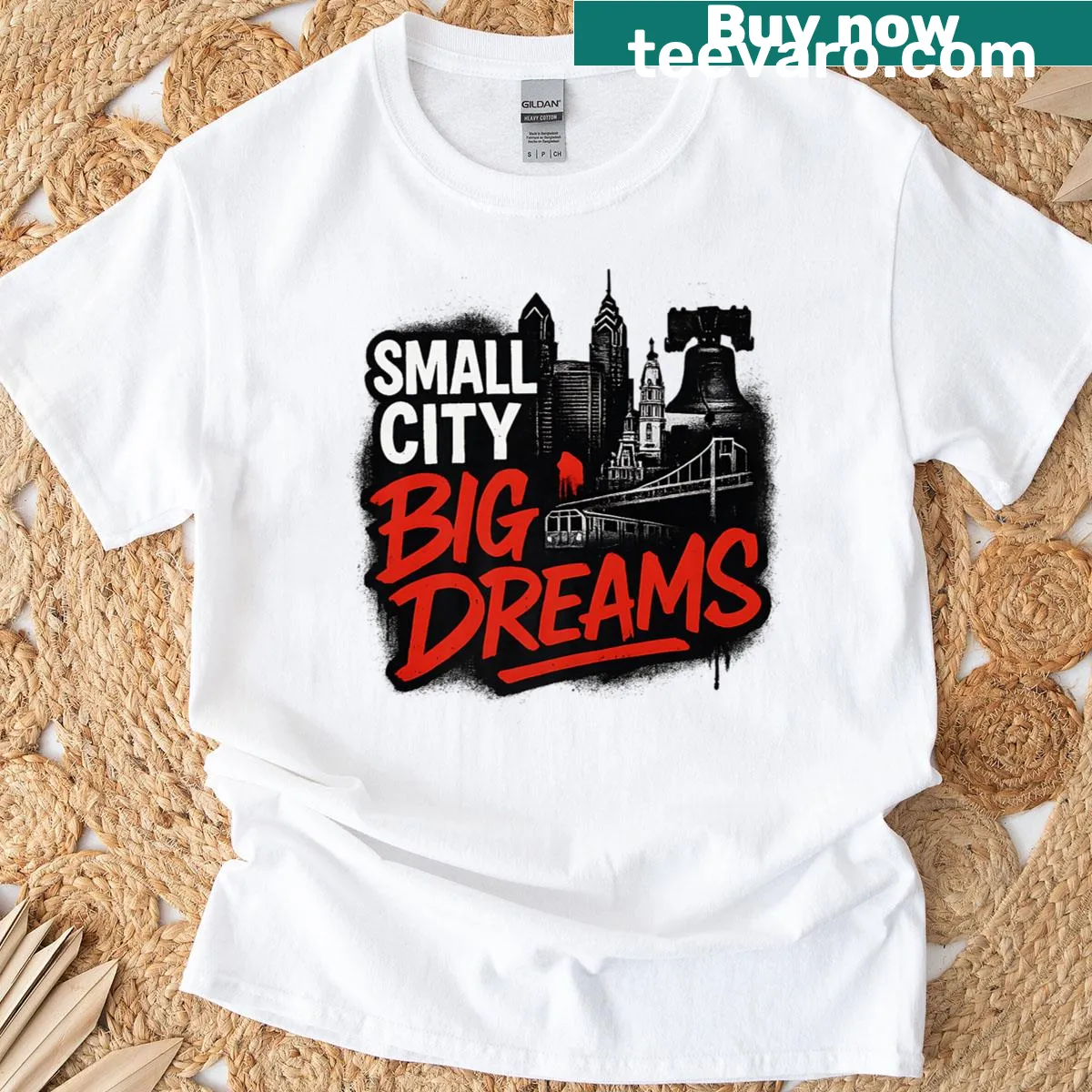 T-shirt with motivational phrase 'Small City Big Dreams' — on a men's t-shirt