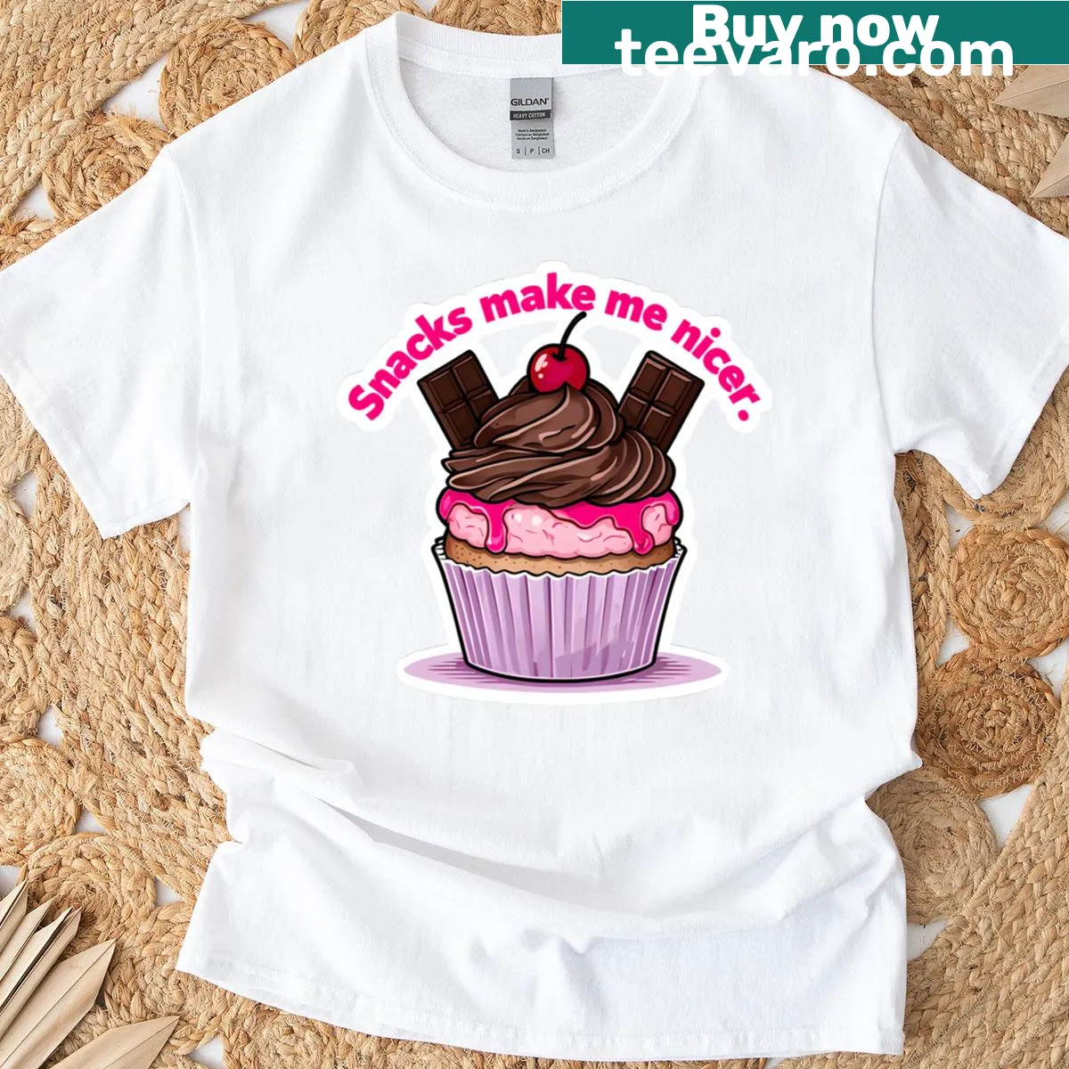 Illustrated text saying 'Snacks Make Me Nicer' with playful graphics — on a men's t-shirt