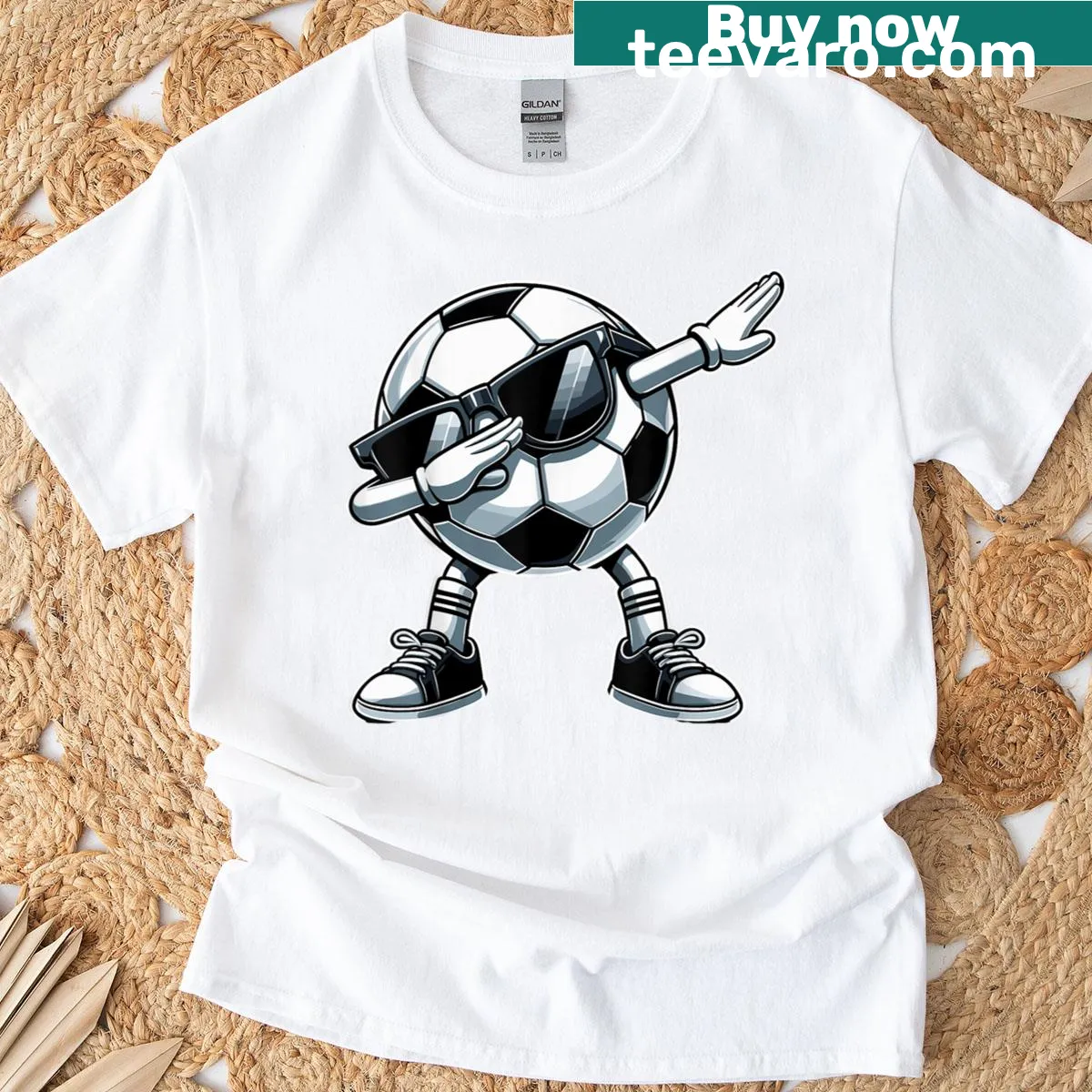 Cartoon soccer player dabbing on T-shirt — on a men's t-shirt