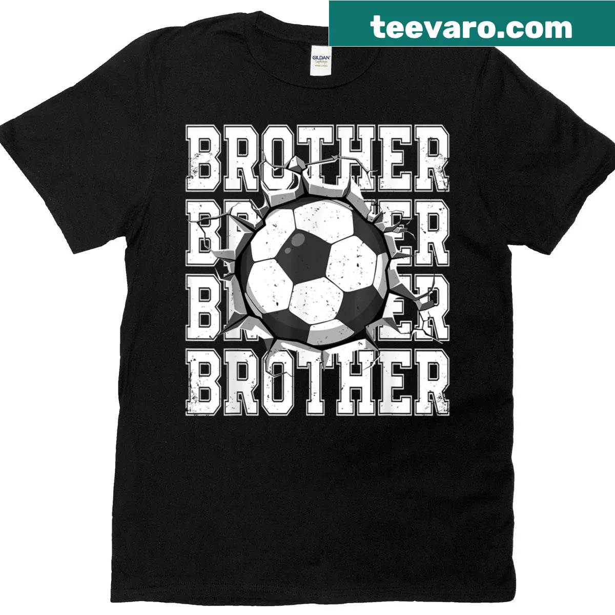 Vintage-style cracked wall graphic with soccer-themed text for brother — on a men's t-shirt
