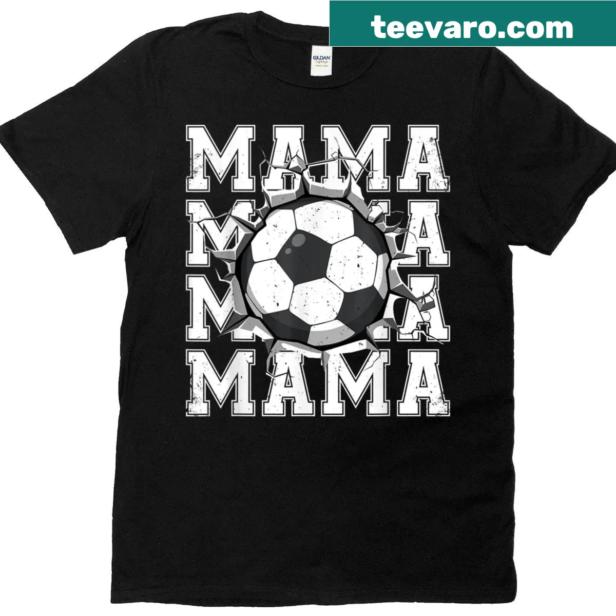 Vintage cracked wall graphic with humorous Soccer Mama text — on a men's t-shirt