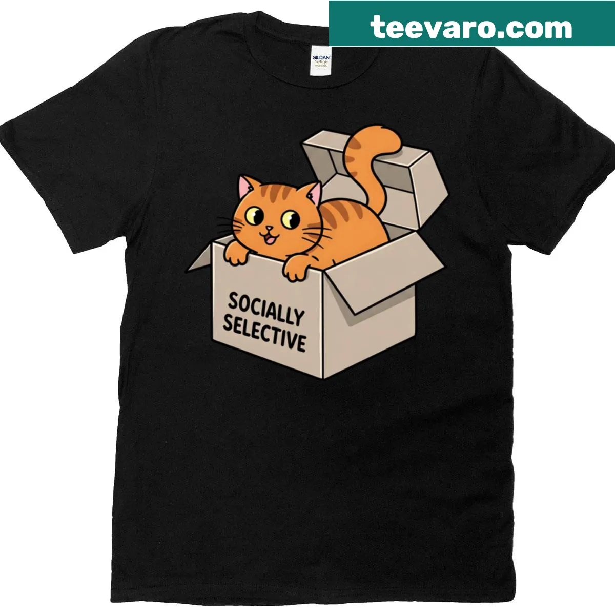 Whimsical T-shirt featuring an illustration of a socially selective cat. — on a men's t-shirt