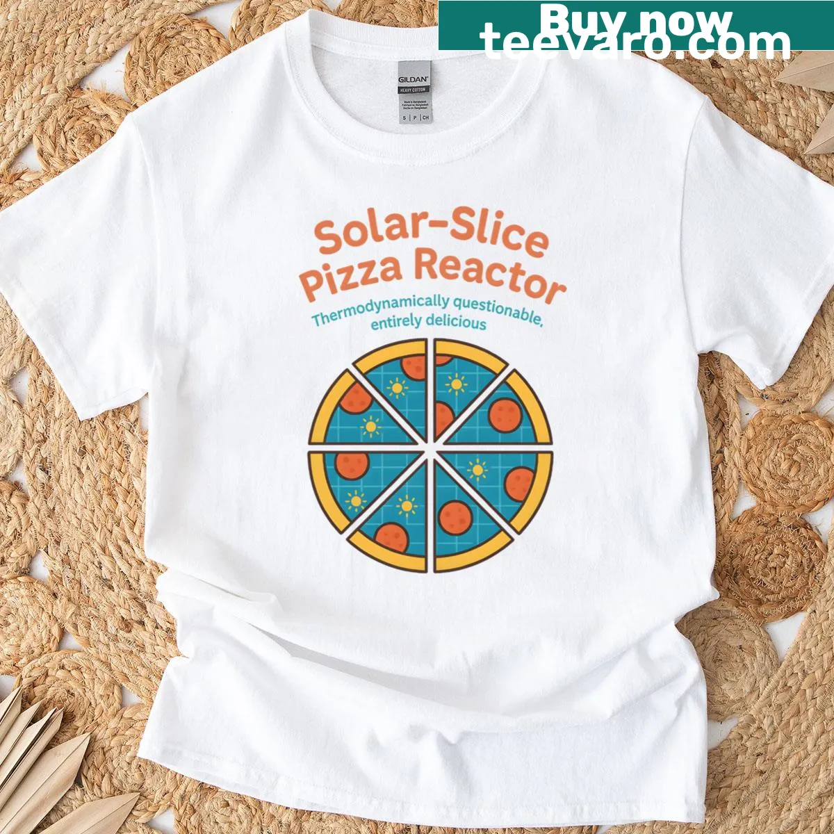 Whimsical pizza slice as a reactor graphic with science pun text — on a men's t-shirt