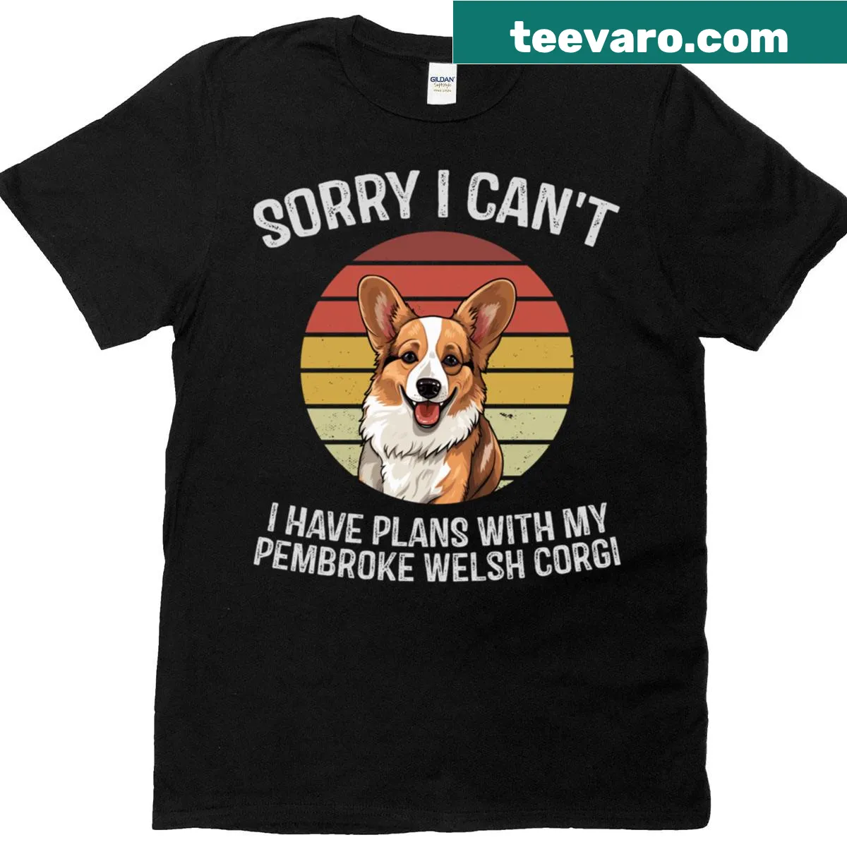 Vintage-style T-shirt with sunset design and Corgi theme — on a men's t-shirt