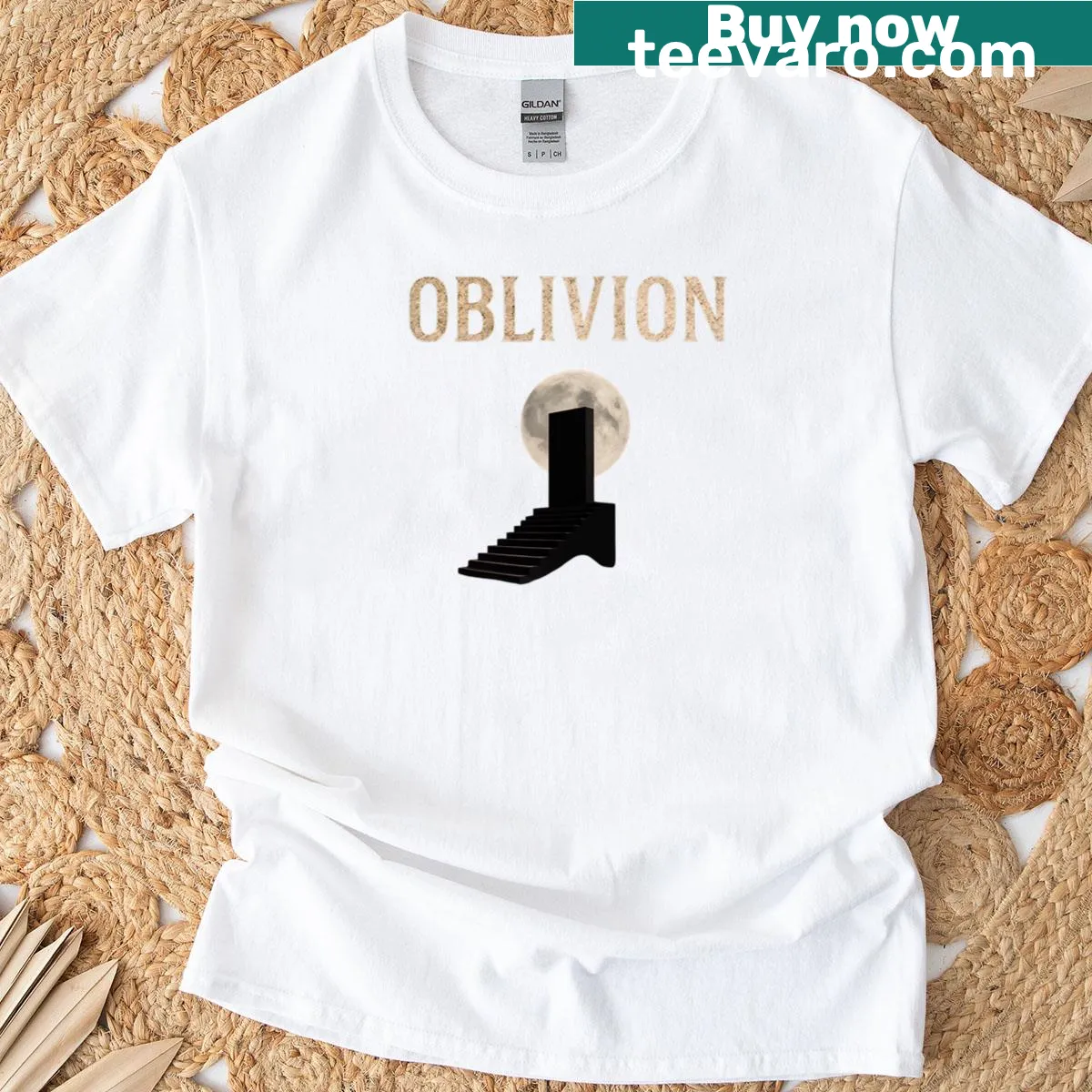 Minimalist tee with the phrase 'Stairway To The Unknownoblivion' — on a men's t-shirt
