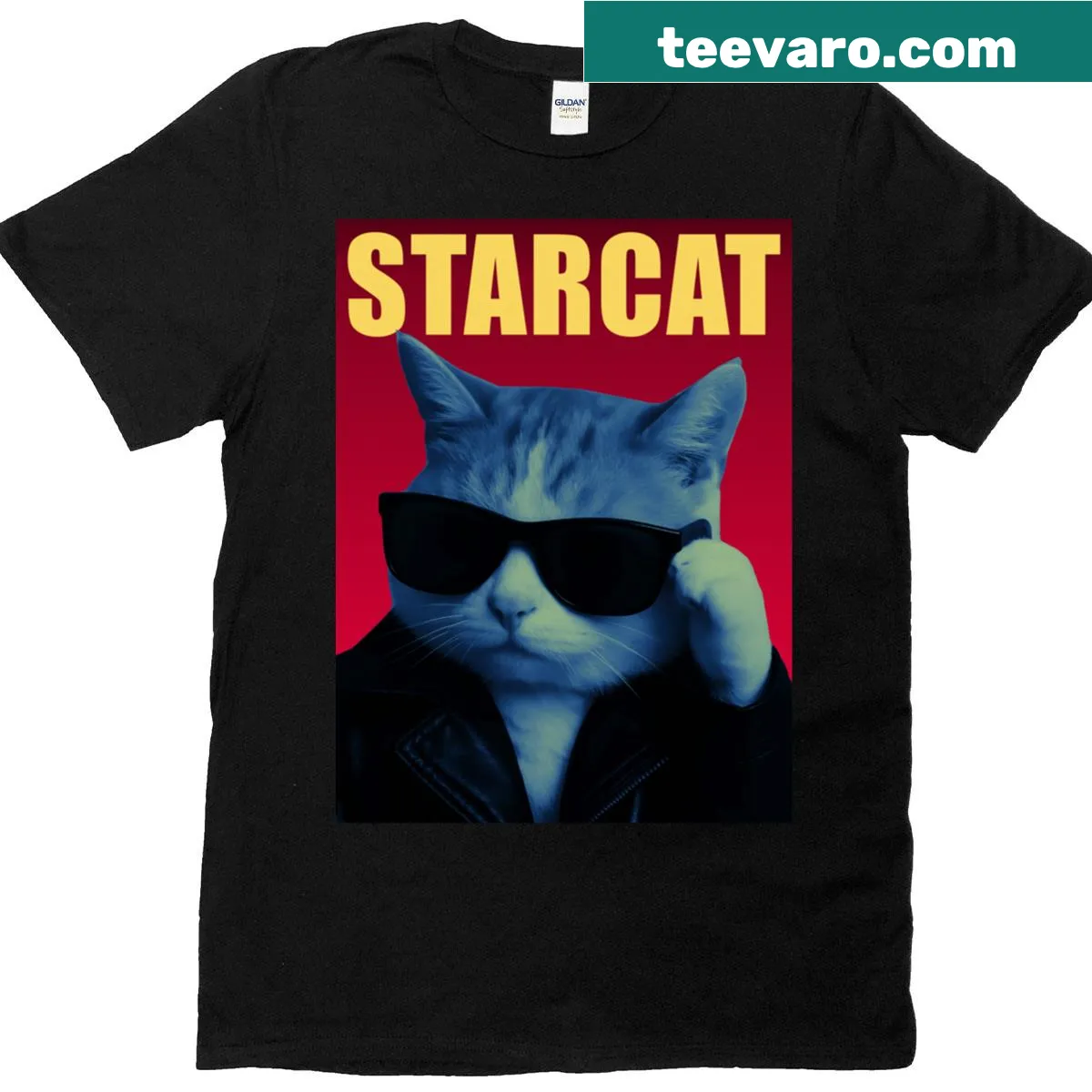 Funny cartoon cat design t-shirt with a star theme — on a men's t-shirt