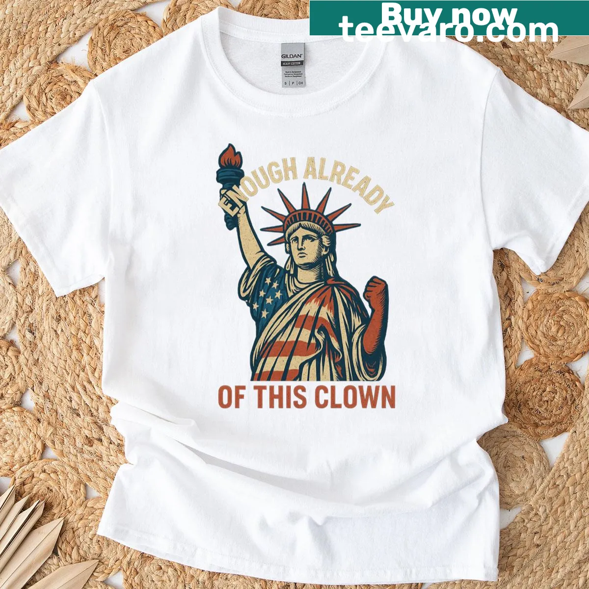 T-shirt featuring Statue of Liberty with protest message — on a men's t-shirt