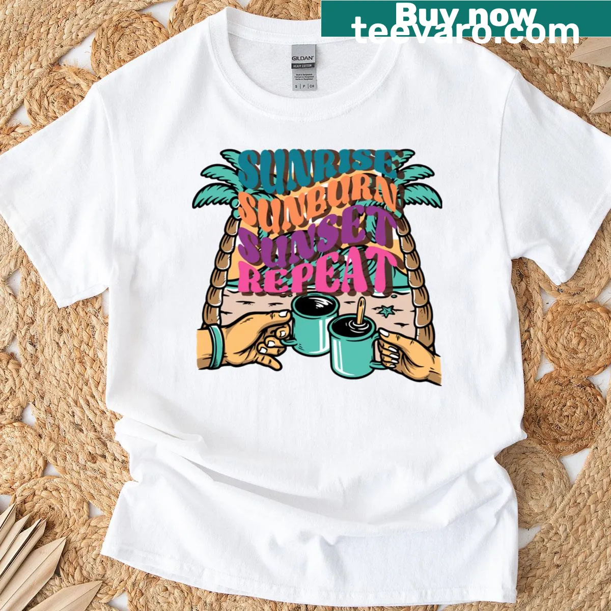 Retro summer t-shirt with 'Sunrise Sunburn Sunset Repeat' text — on a men's t-shirt