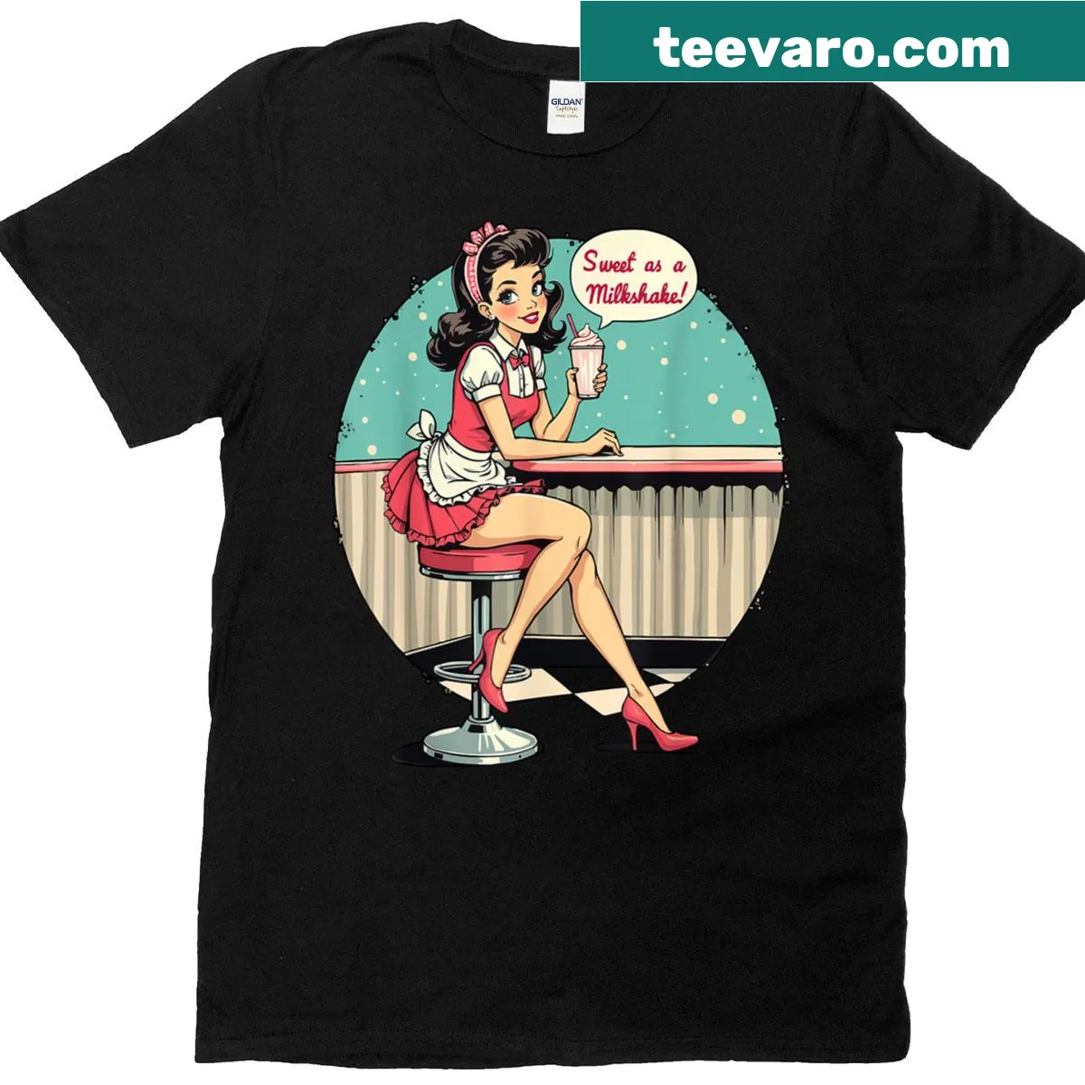 Retro pinup girl t-shirt featuring a milkshake graphic — on a men's t-shirt