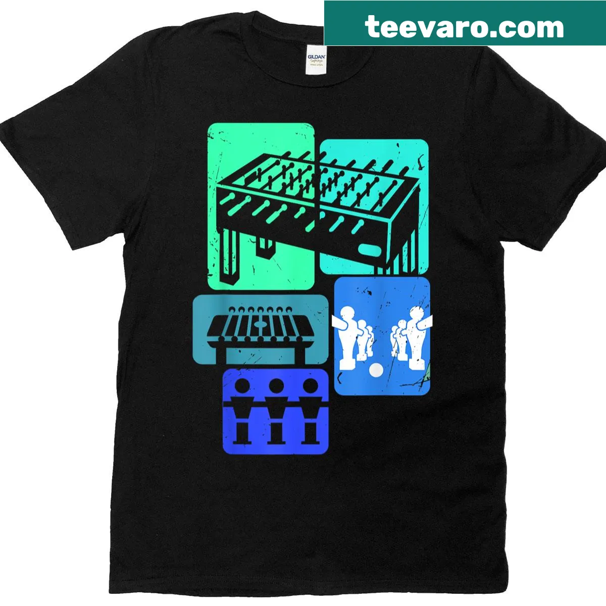 Cartoon-style T-shirt with foosball player graphic — on a men's t-shirt