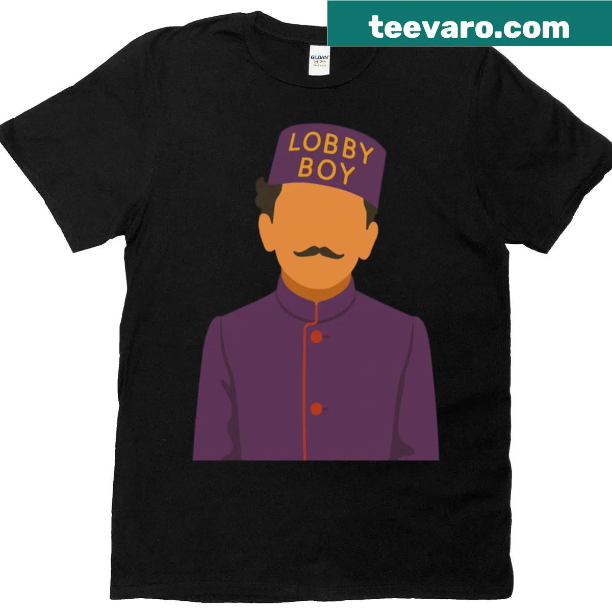 Oversized t-shirt featuring an illustration of the Lobby Boy from The Grand Budapest Hotel. — on a men's t-shirt