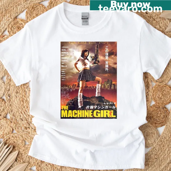 Sticker-style graphic of a machine girl illustration on T-shirt