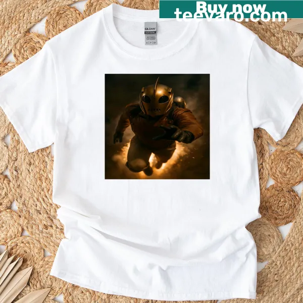 Illustration of a rocket man representing exploration, featured on a t-shirt