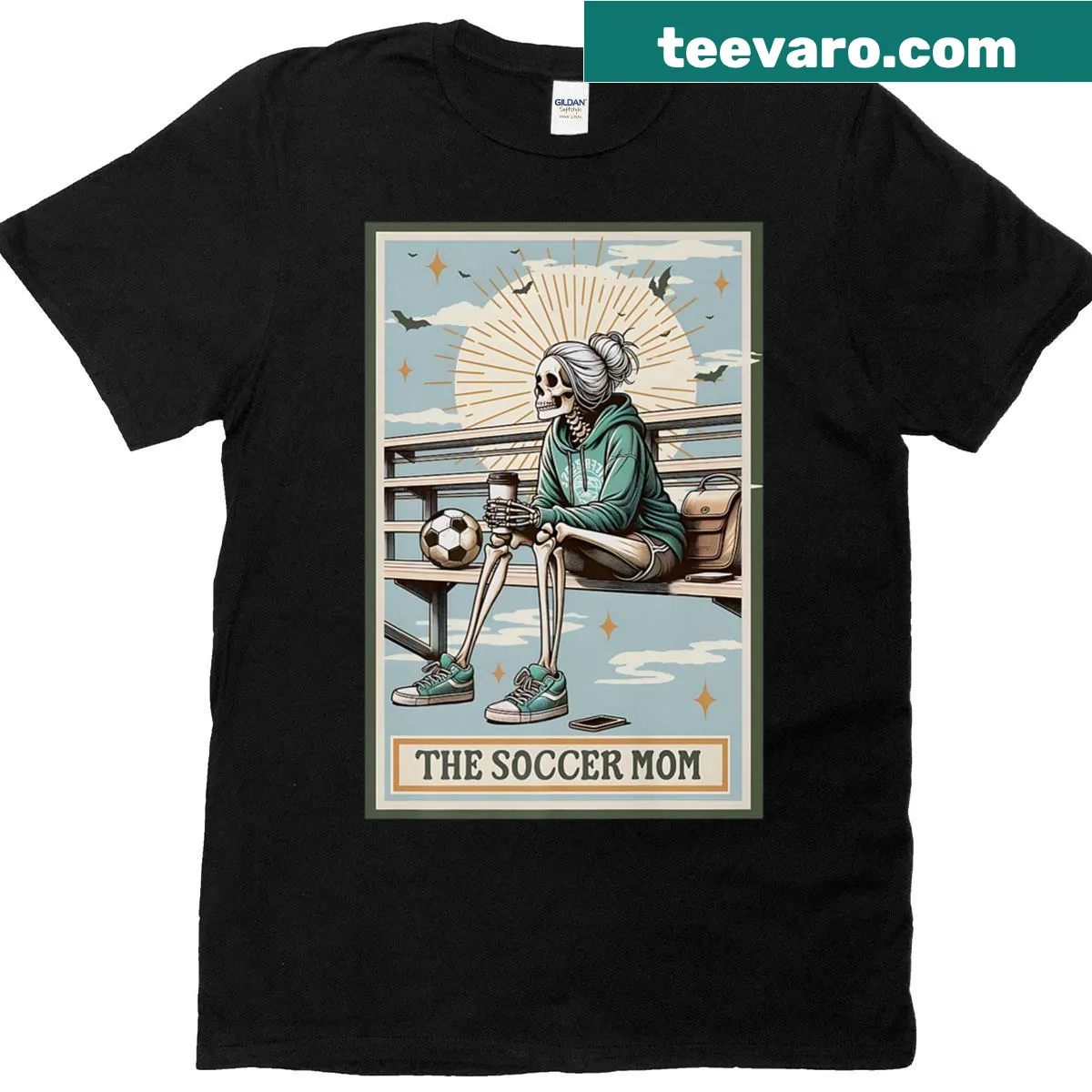 Cute T-shirt with a skeleton soccer mom design inspired by tarot cards. — on a men's t-shirt