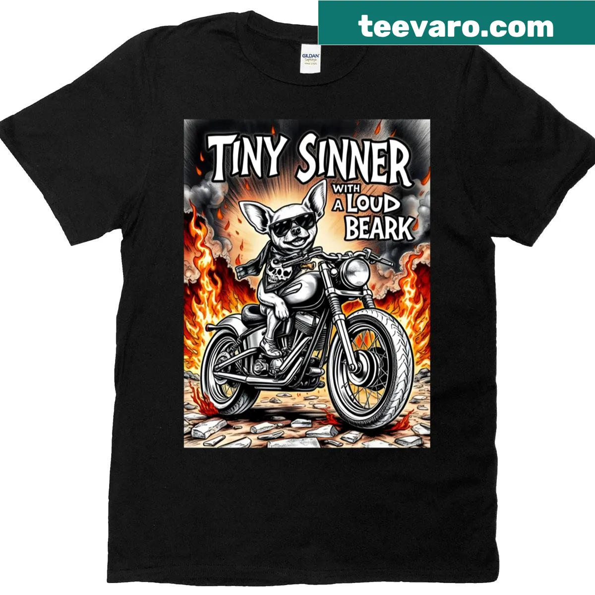 Bold T-shirt featuring a chihuahua and biker design with the phrase 'Tiny Sinner With A Loud Bark.' — on a men's t-shirt